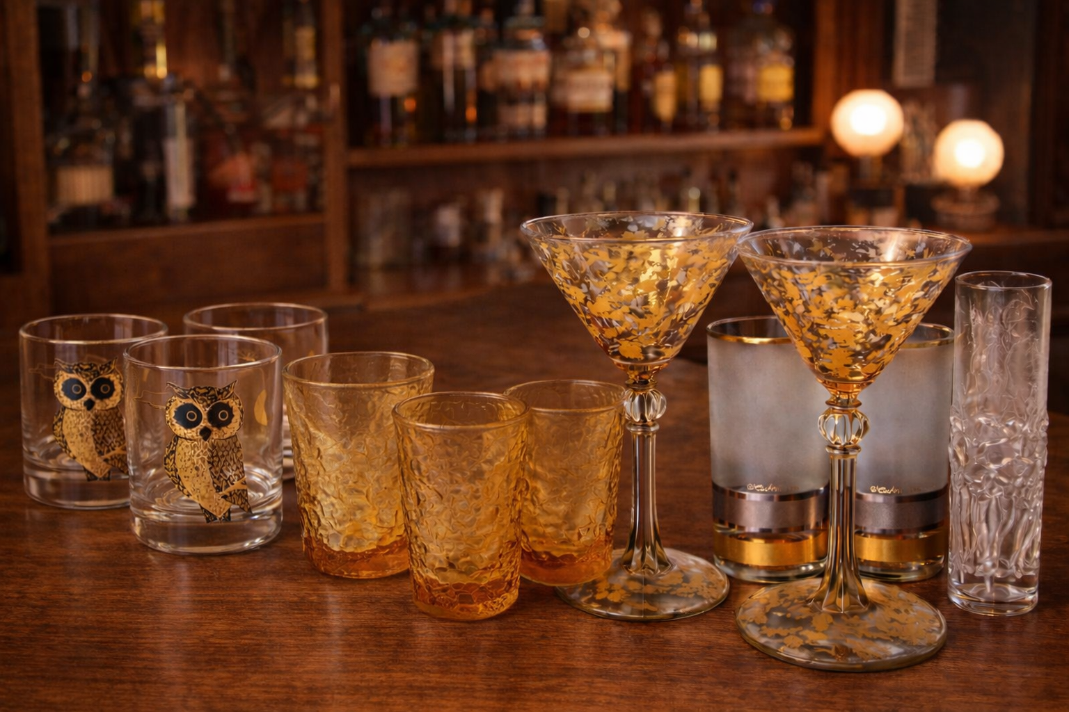 Vintage mid-century modern barware including Culver highballs, gold martini glasses, owl rocks glasses, and amber tumblers on a wood home bar.