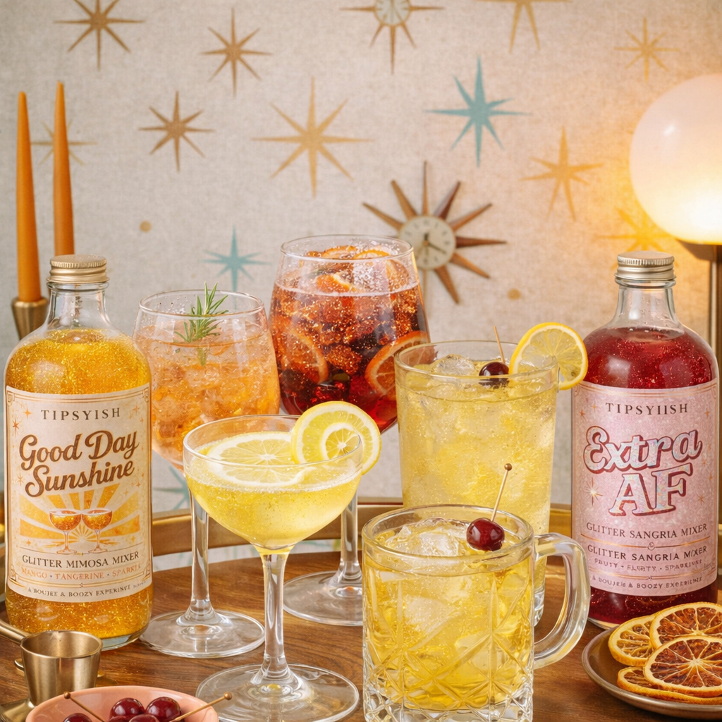Mid-century modern bar cart scene featuring lemon drop spritz, sparkling citrus cocktails, and sangria with Tipsyish Good Day Sunshine mimosa mixer and Extra AF sangria mixer, styled with vintage glassware and dried citrus garnishes.
