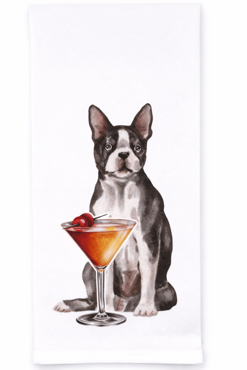 Tea towel with a Boston Terrier dog and cocktail on a white background
