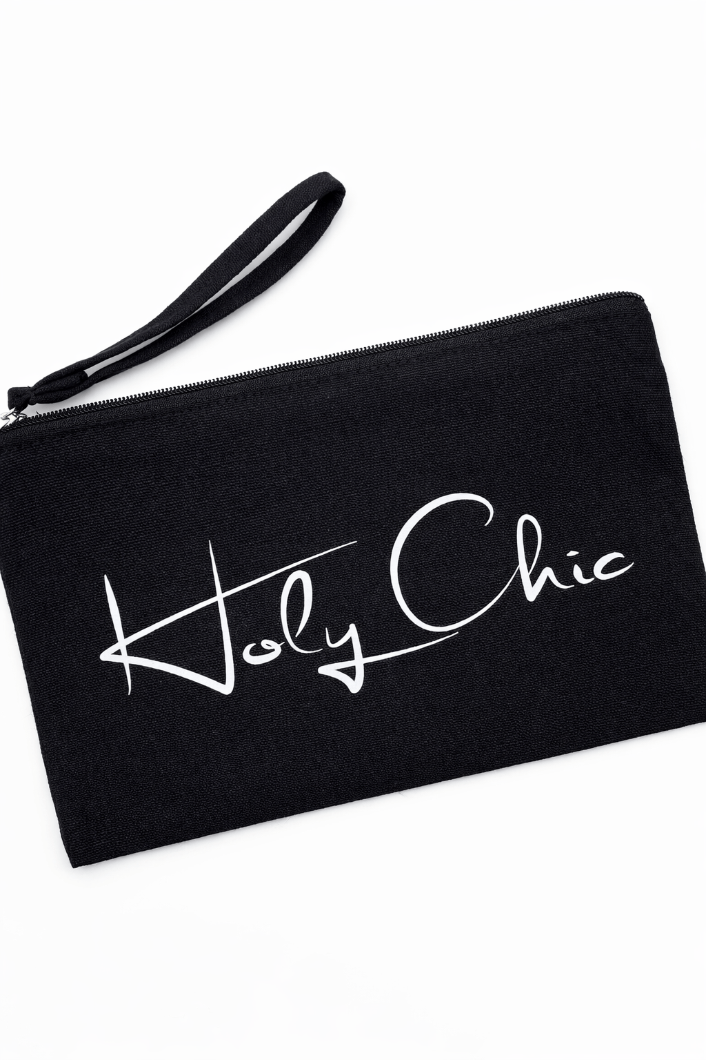 Black pouch with 'Holy Chic' branding on a white background