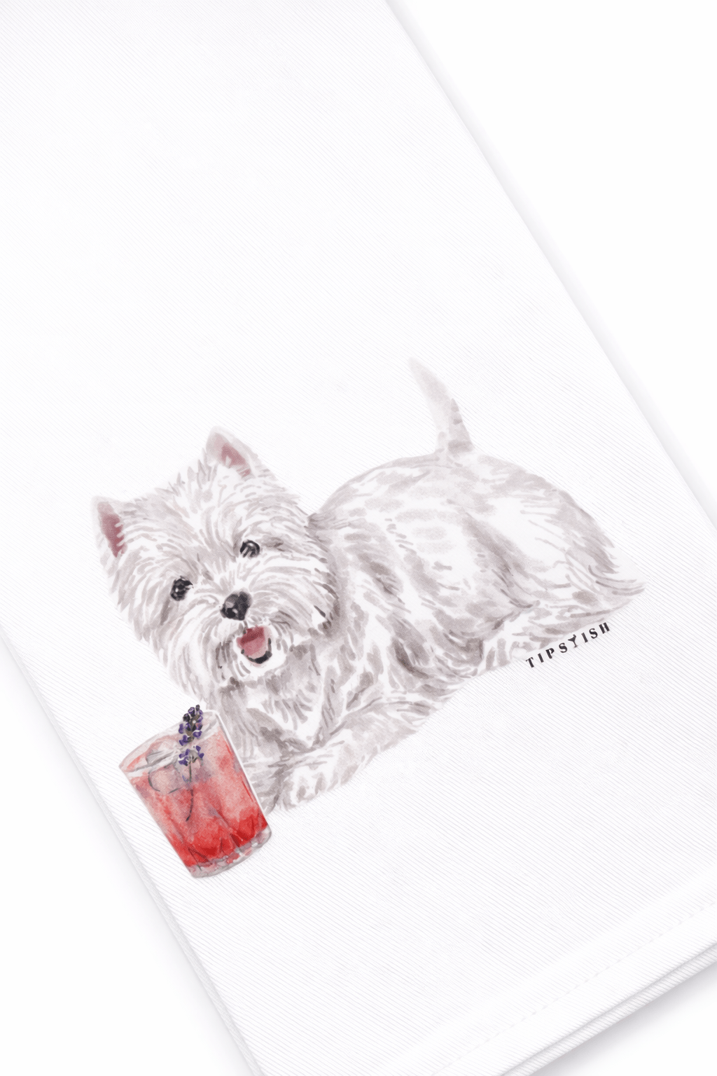 Illustration of a white dog holding a cocktail with a white background