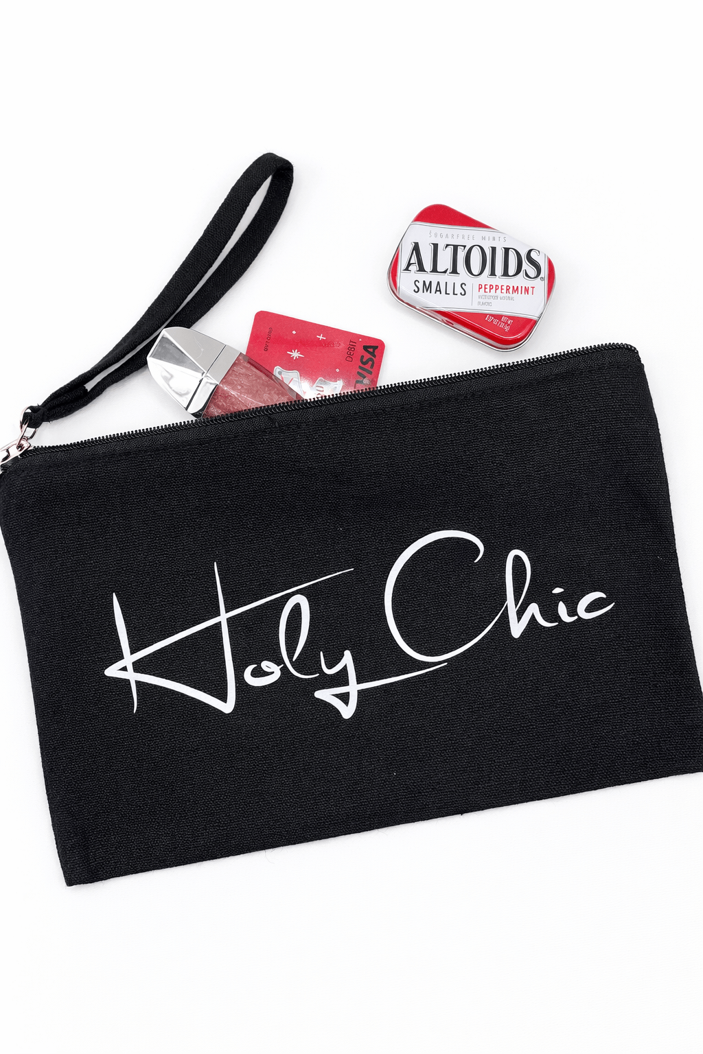 Black pouch with 'Holy Chic' branding on a white background