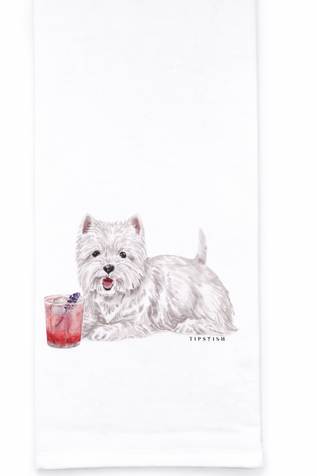 Tea towel with a dog holding a drink on a white background