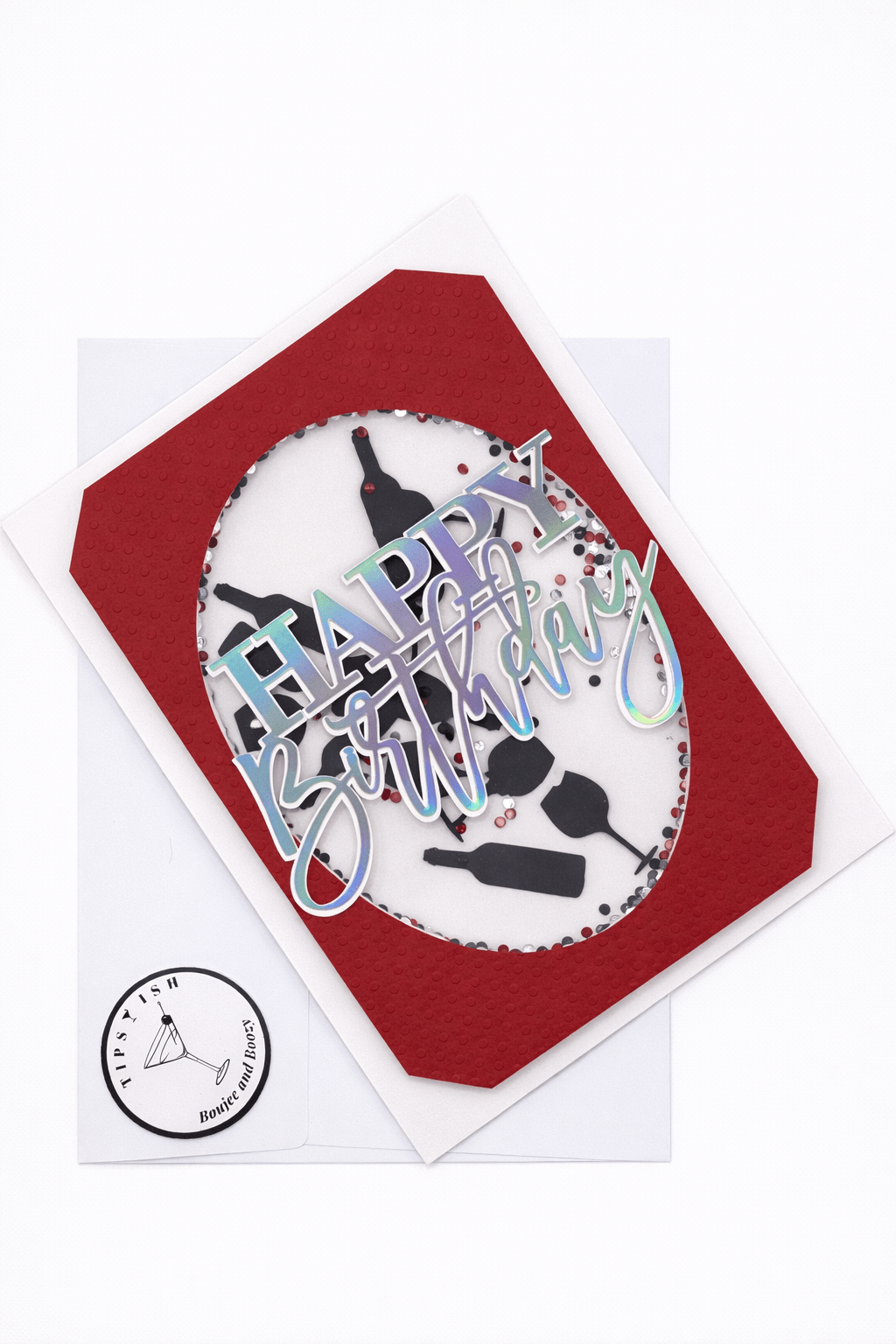 Birthday card with colorful 'Happy Birthday' text on a red background