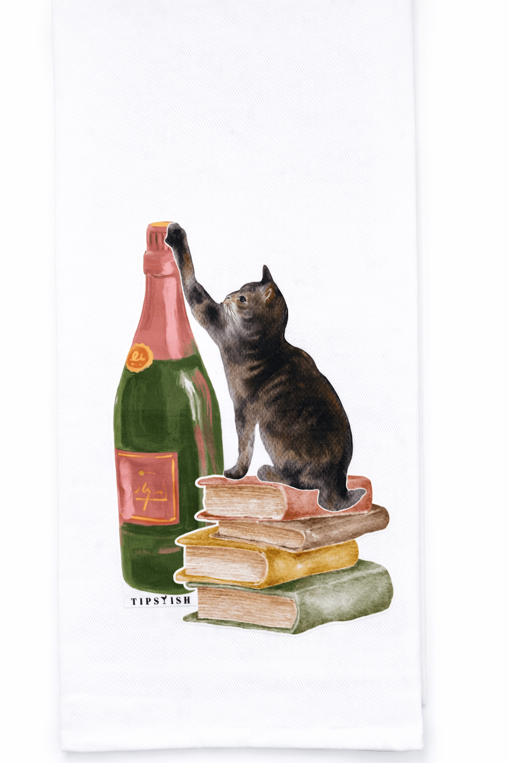 Cat reaching for a bottle of champagne on a stack of books with a white background