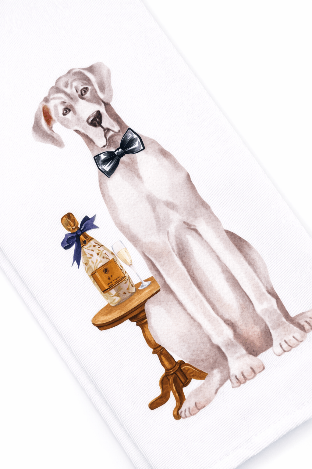 Illustration of a dog with a bow tie standing next to a table with a bottle.