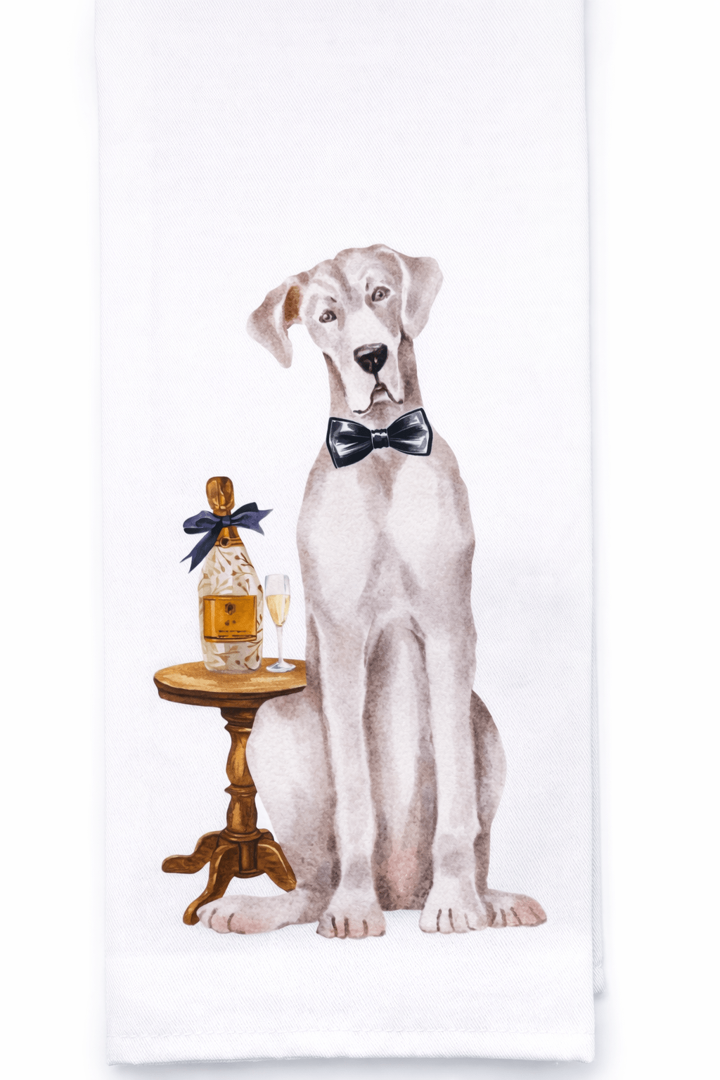 Dog with a bow tie sitting next to a bottle and glass on a small table