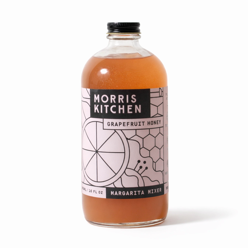 Morris Kitchen Grapefruit Honey Margarita Mixer bottle on white background cocktail mixer for margaritas and palomas