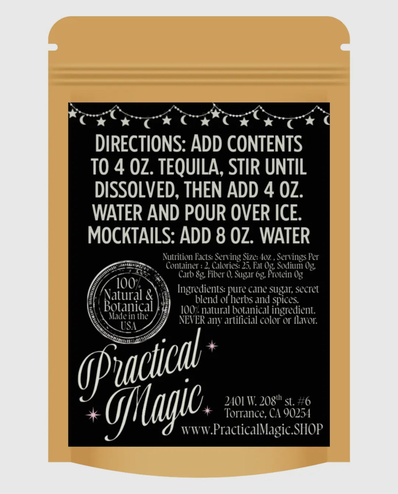 Practical Magic product packaging with text on a beige background