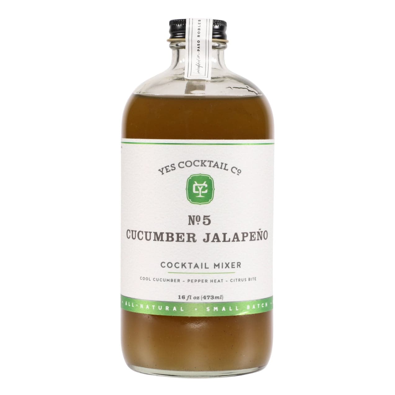 A bottle labeled 'Cucumber Jalapeno Cocktail Mixer' by Yes Cocktail Co., indicating a 16 oz size and that it is a mix for cocktails.