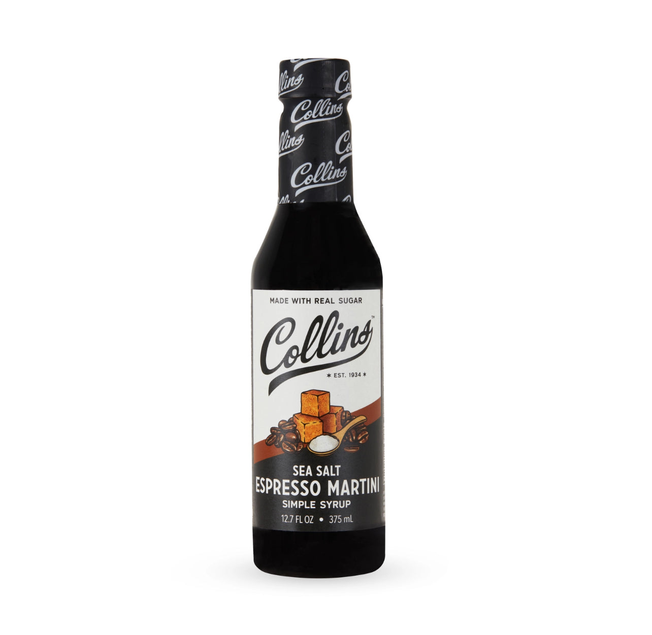 Collins Sea Salt Espresso Martini syrup bottle on a white background