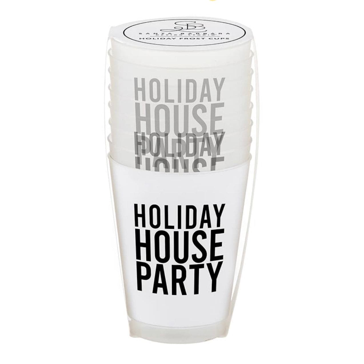white frosted plastic christmas cup with black script that reads "holiday house party" comes in a set of 8