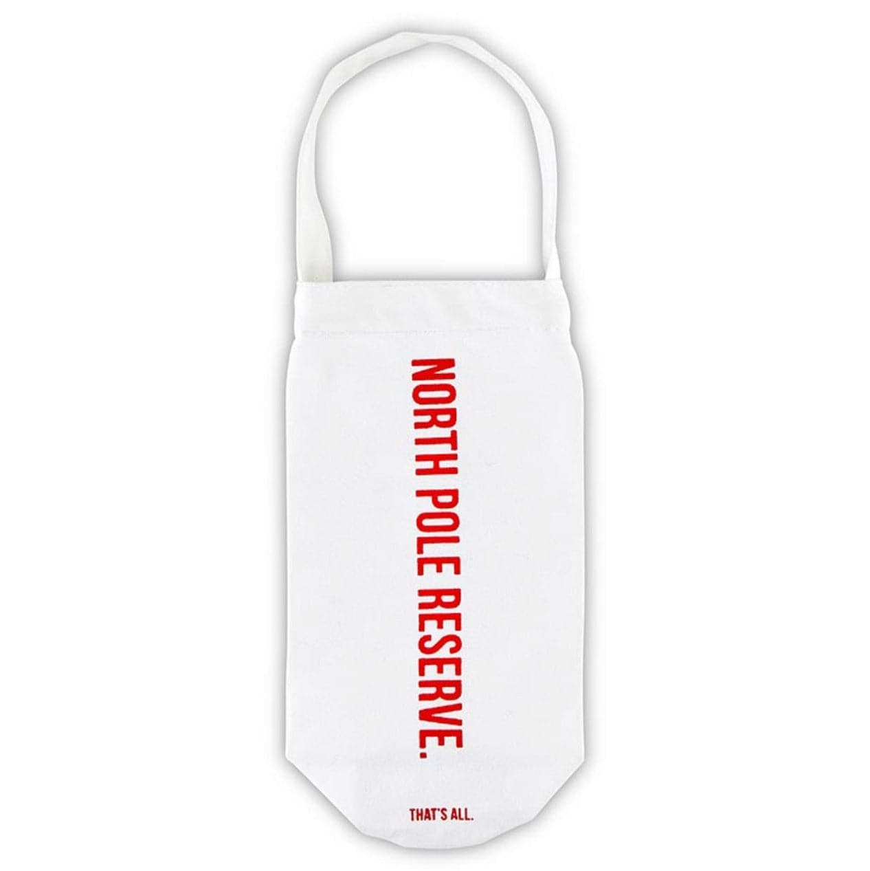 white canvas wine bag for christmas with red script that reads "north pole reserve"