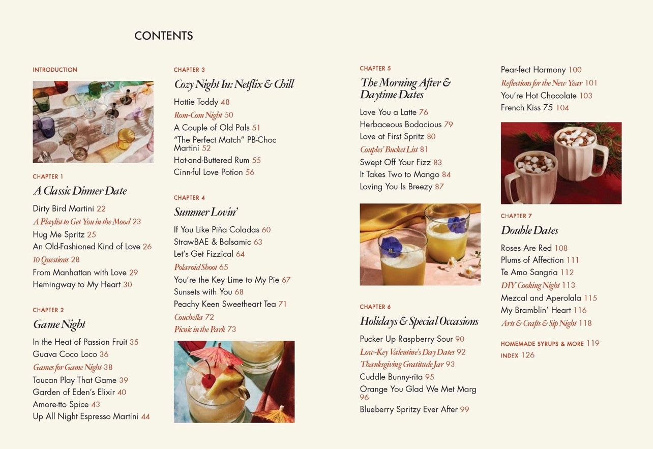 Interior pages of Kindred Spirits cocktail book featuring date night drinks