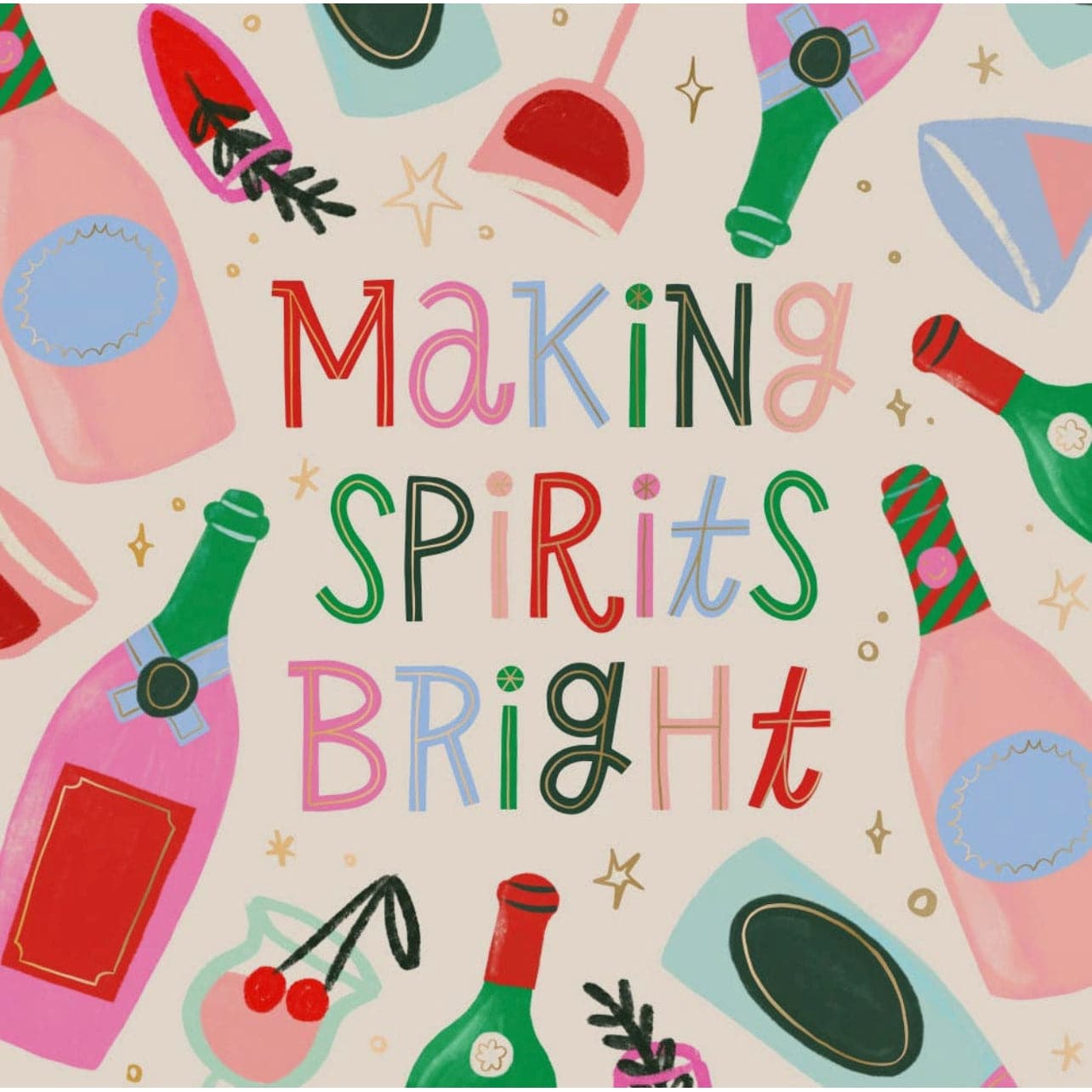 holiday cocktail napkin with a white background featuring champagne bottles and glasses in festive colors with the words "making spirits bright" featured in the center