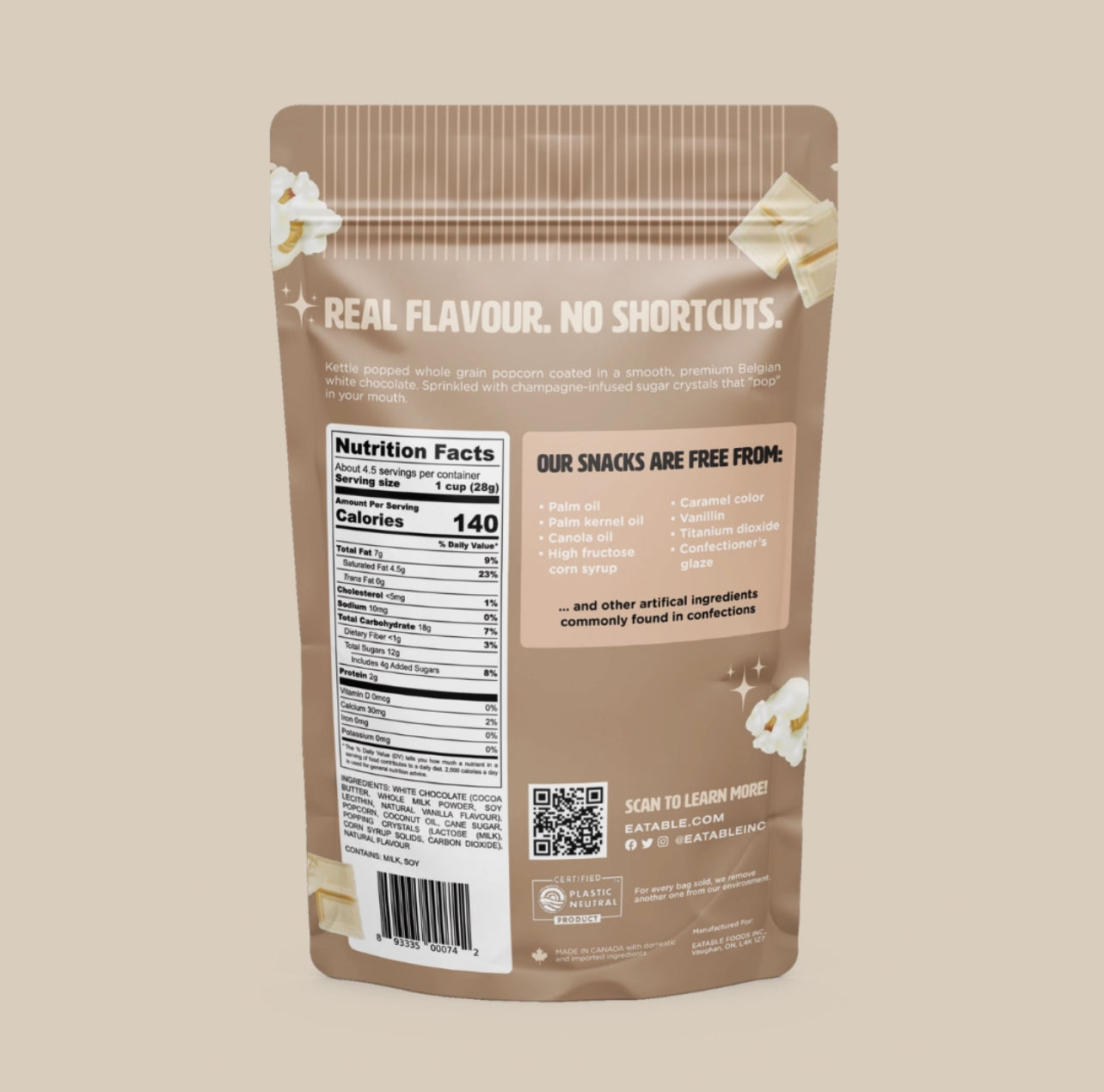 Snack package with nutritional information and QR code on a beige background