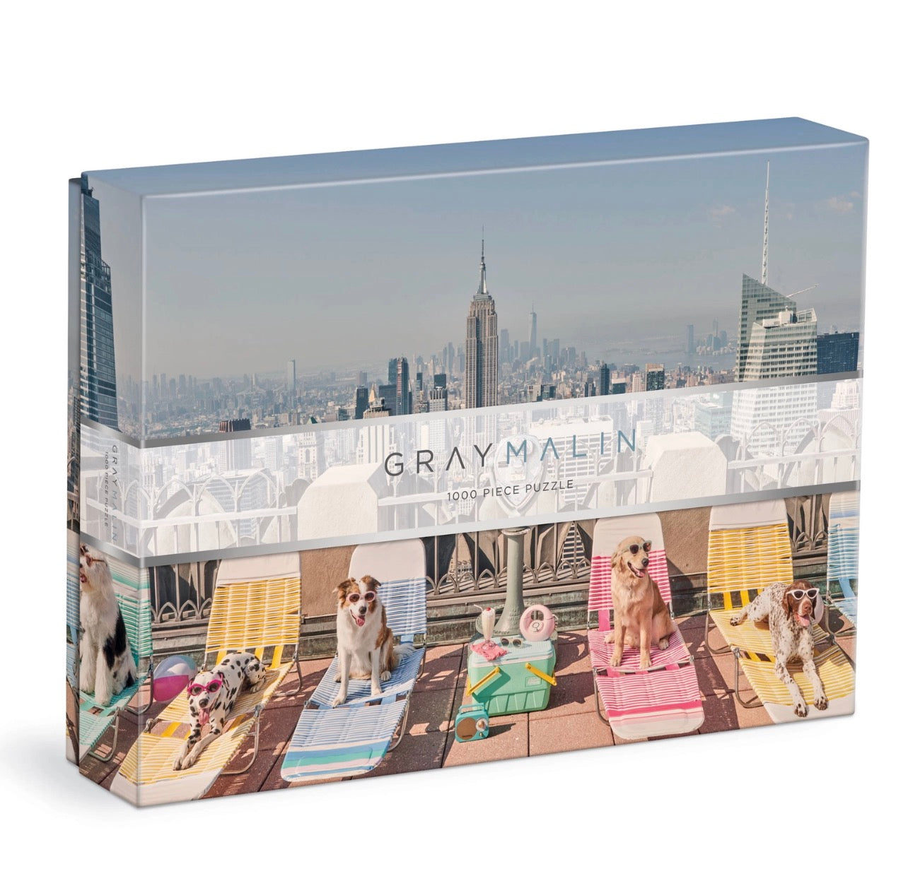 Gray Malin Dogs of New York City 1000-piece puzzle box featuring dogs lounging with NYC skyline