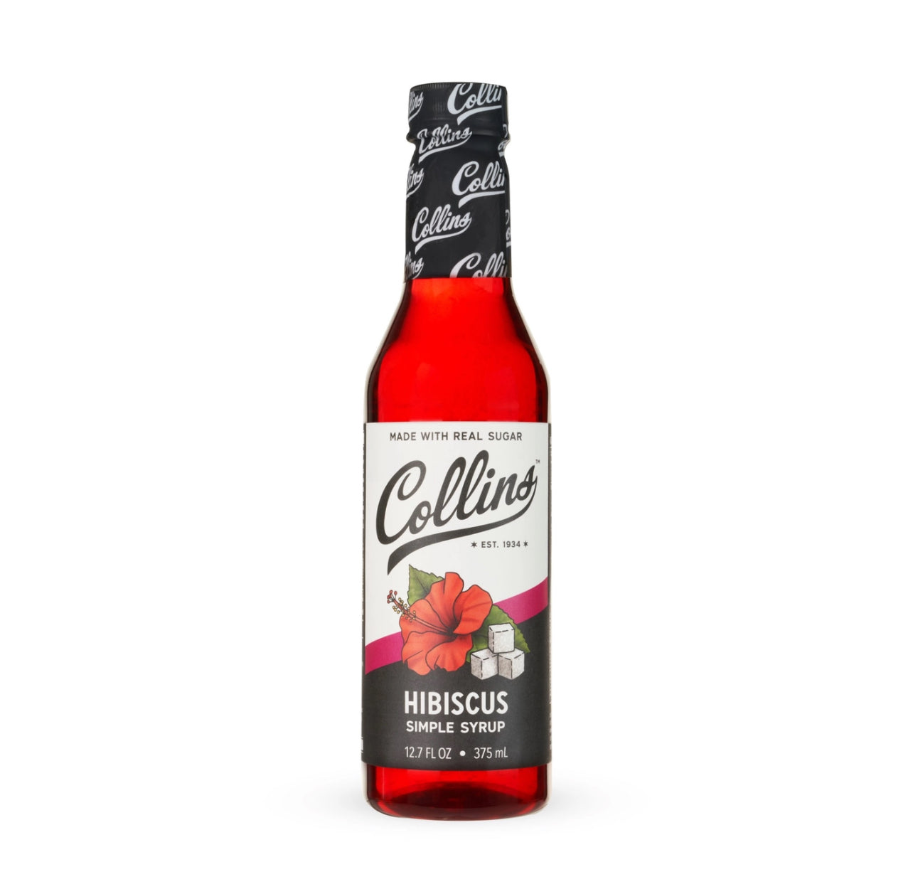 Collins hibiscus simple syrup bottle on a white background