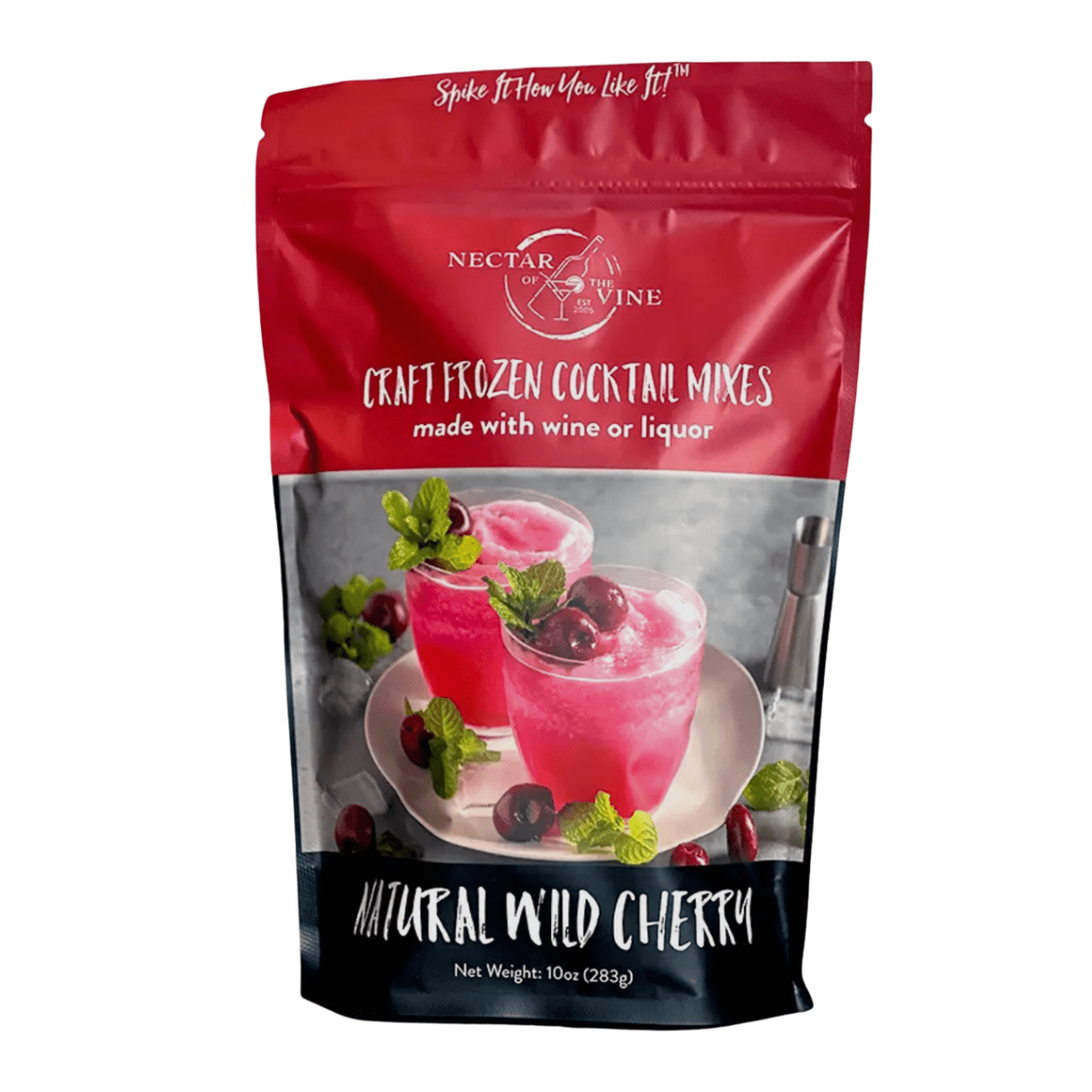 A package of Wild Cherry Wine Slushy Mix by Nectar of the Vine showing the product and a glass of the slushy mix garnished with cherries.