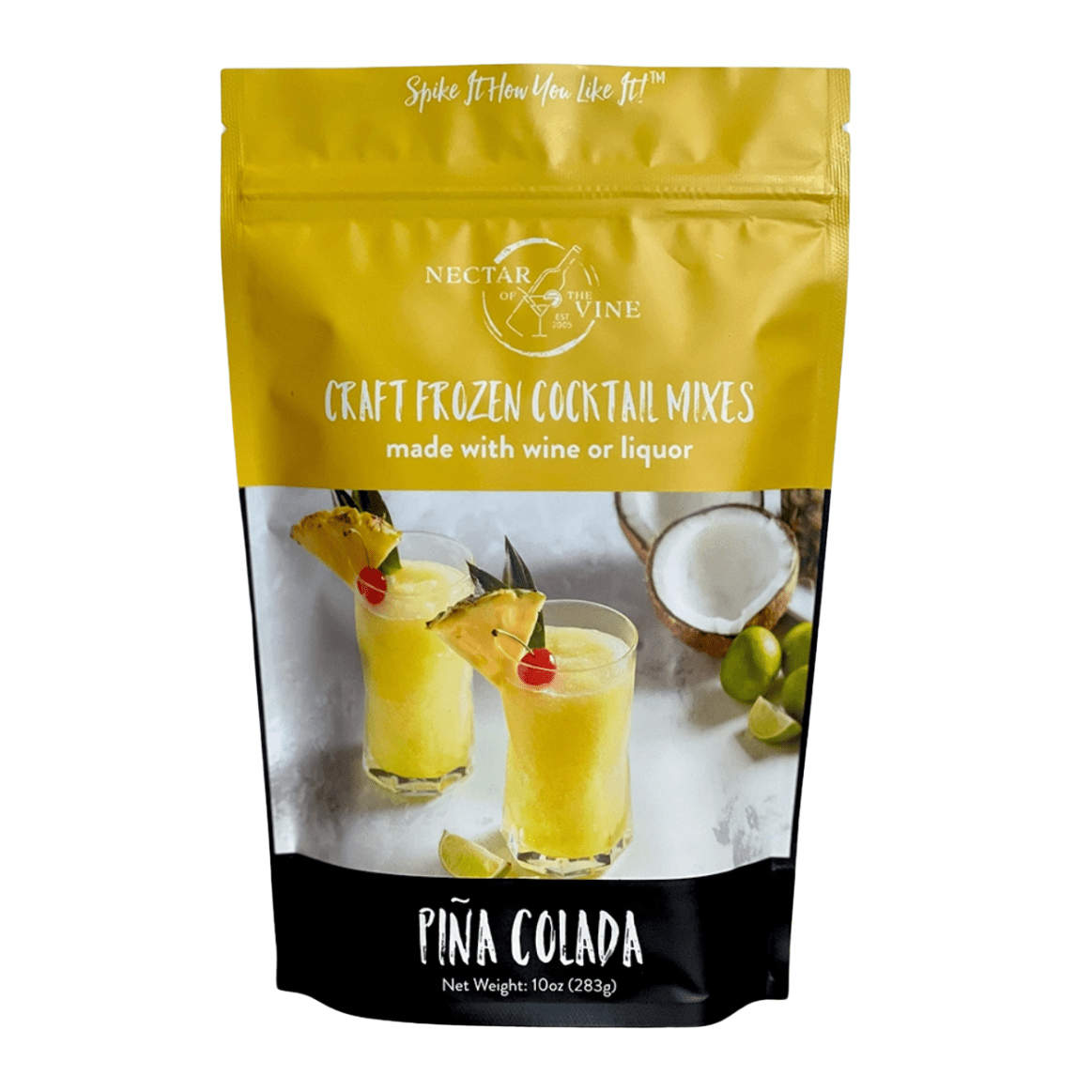 A bag of Nectar of the Vine Pina Colada craft frozen cocktail mix, with an image of a pina colada cocktail garnished with pineapple and a cherry on the front.