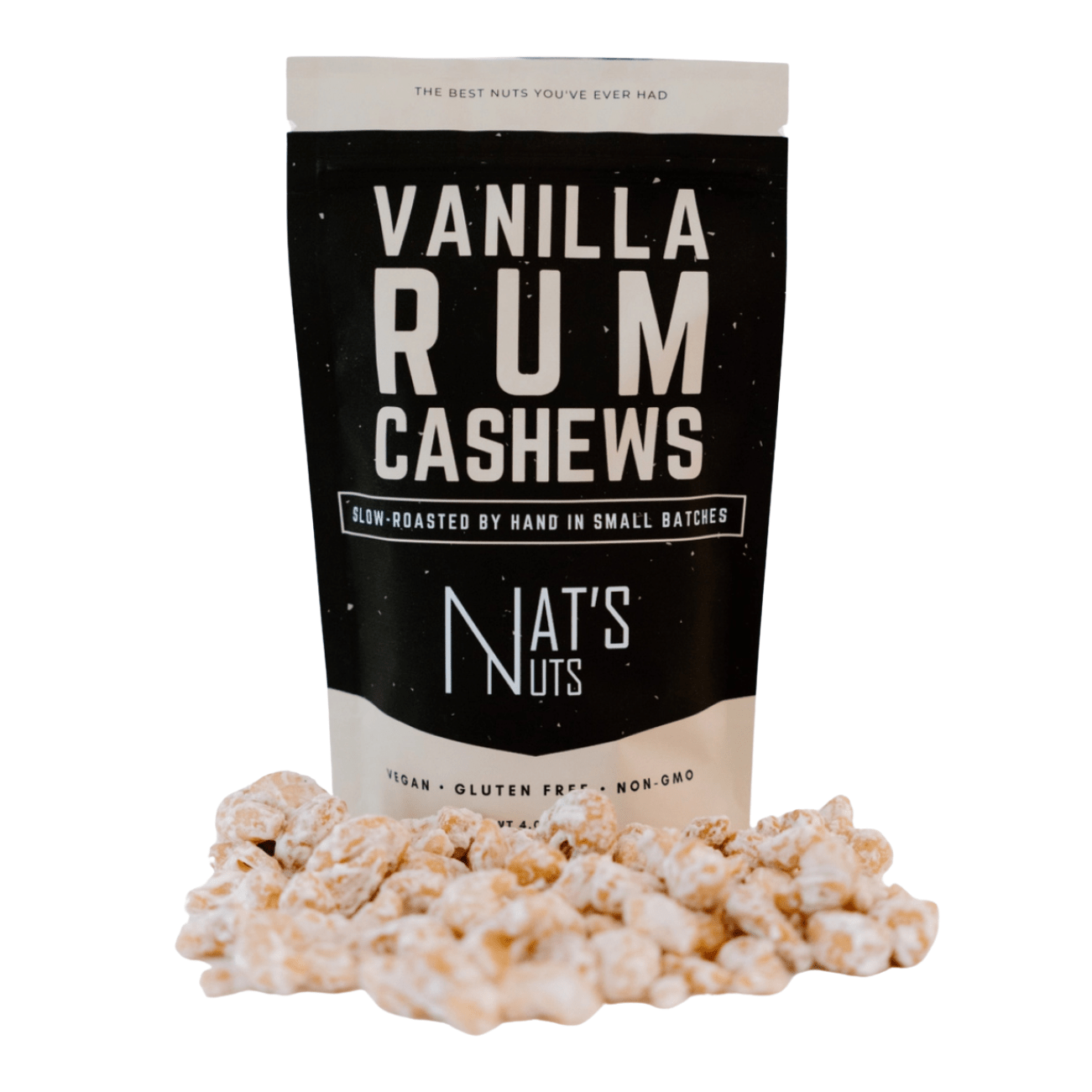 A package of Vanilla Rum Cashews by Nate's Nuts, with a pile of cashew nuts in front of the package.