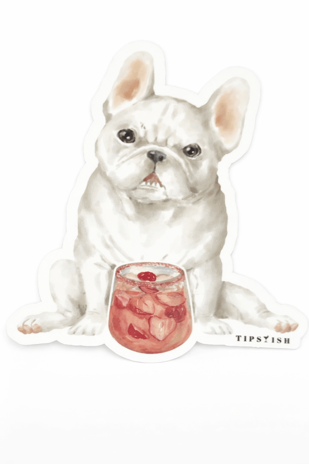 White dog with a cocktail and 'Tipsyish' branding on a white background