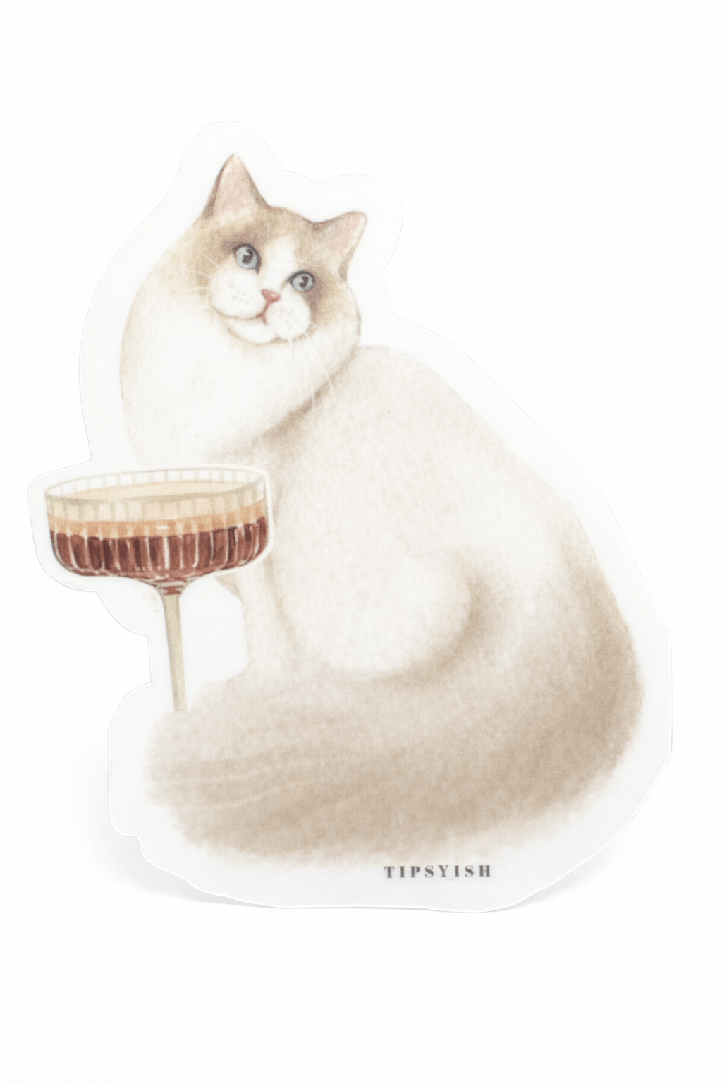 Illustration of a cat holding a cocktail with 'Tipsyish' branding on a white background