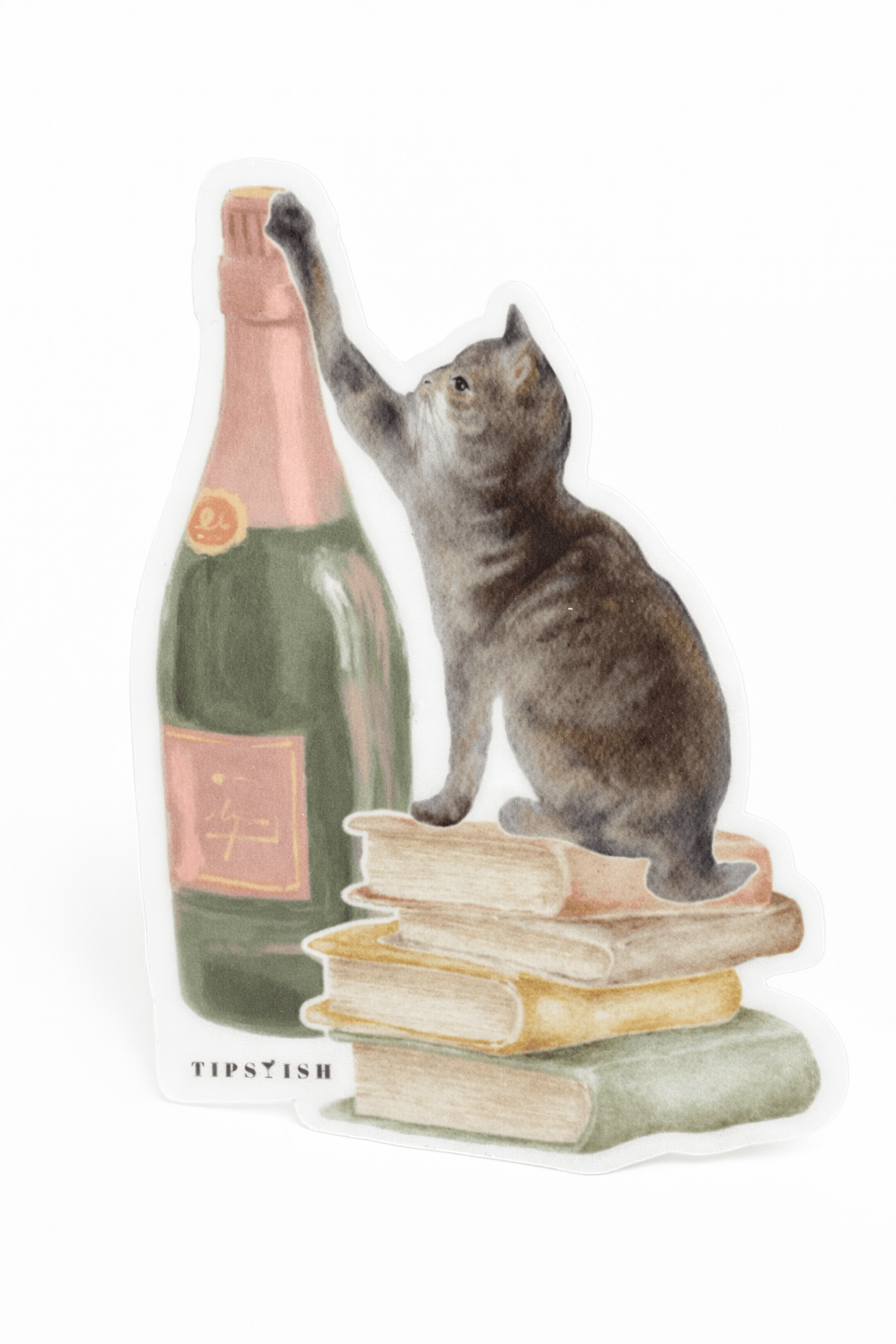 Cat sitting on books next to a bottle with a white background
