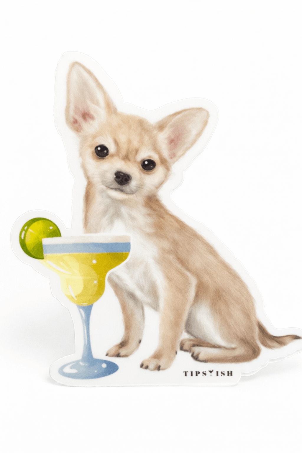 Dog with a cocktail and lime garnish on a white background