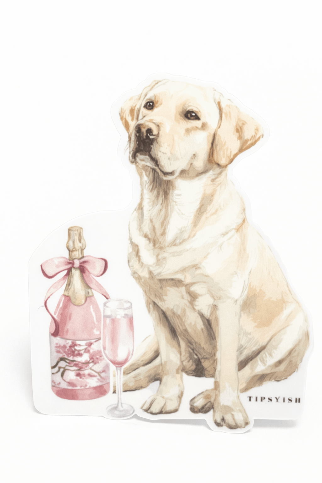 Dog sitting next to a bottle and glass with 'Tipsyish' branding on a white background