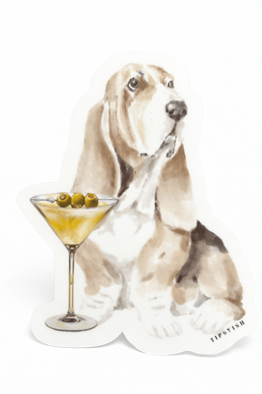 Illustration of a dog with a cocktail and olives on a white background