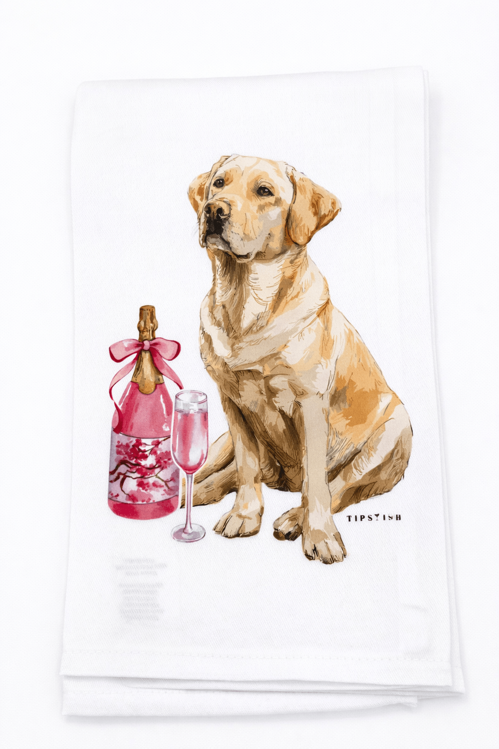 Tea towel with a dog and bottle design on a white background