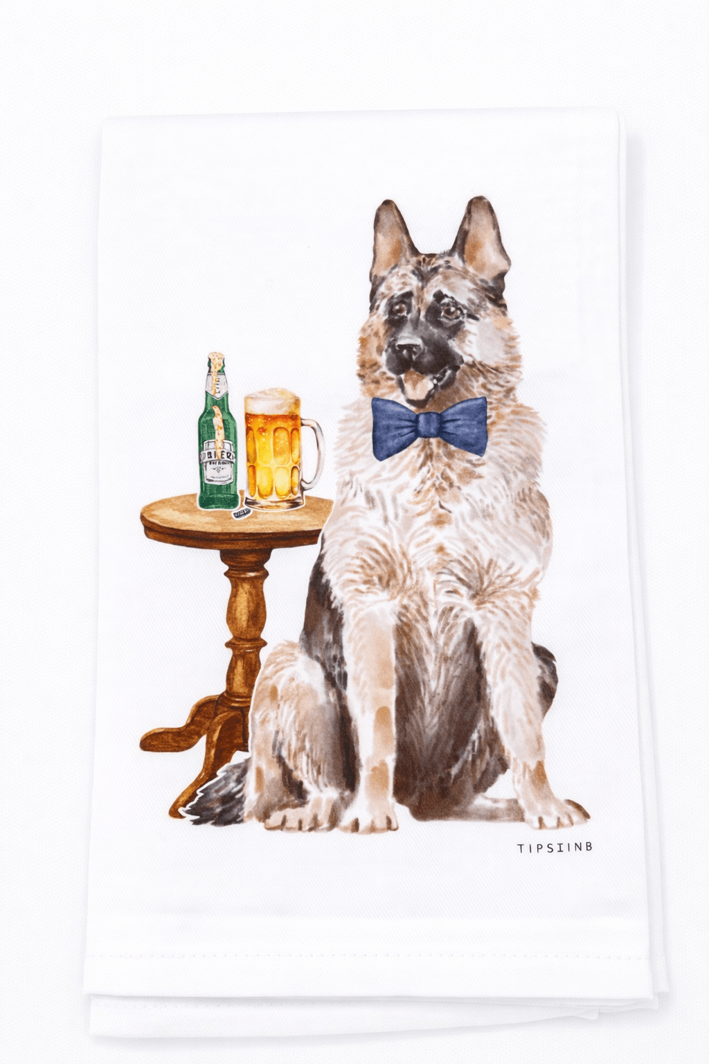 Dog sitting on a stool with a beer and bottle, wearing a bow tie.