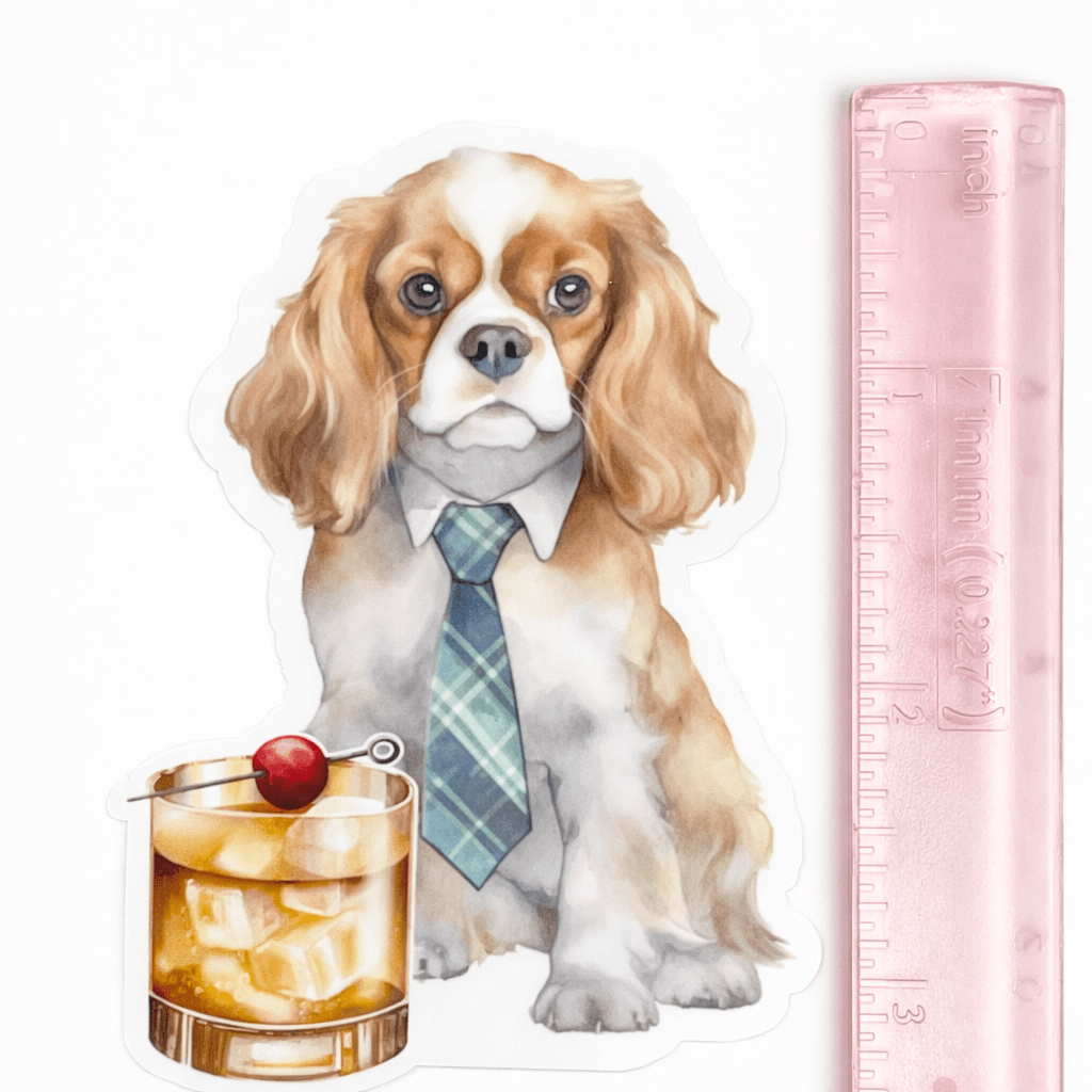 Illustration of a dog with a drink and a ruler for scale on a white background