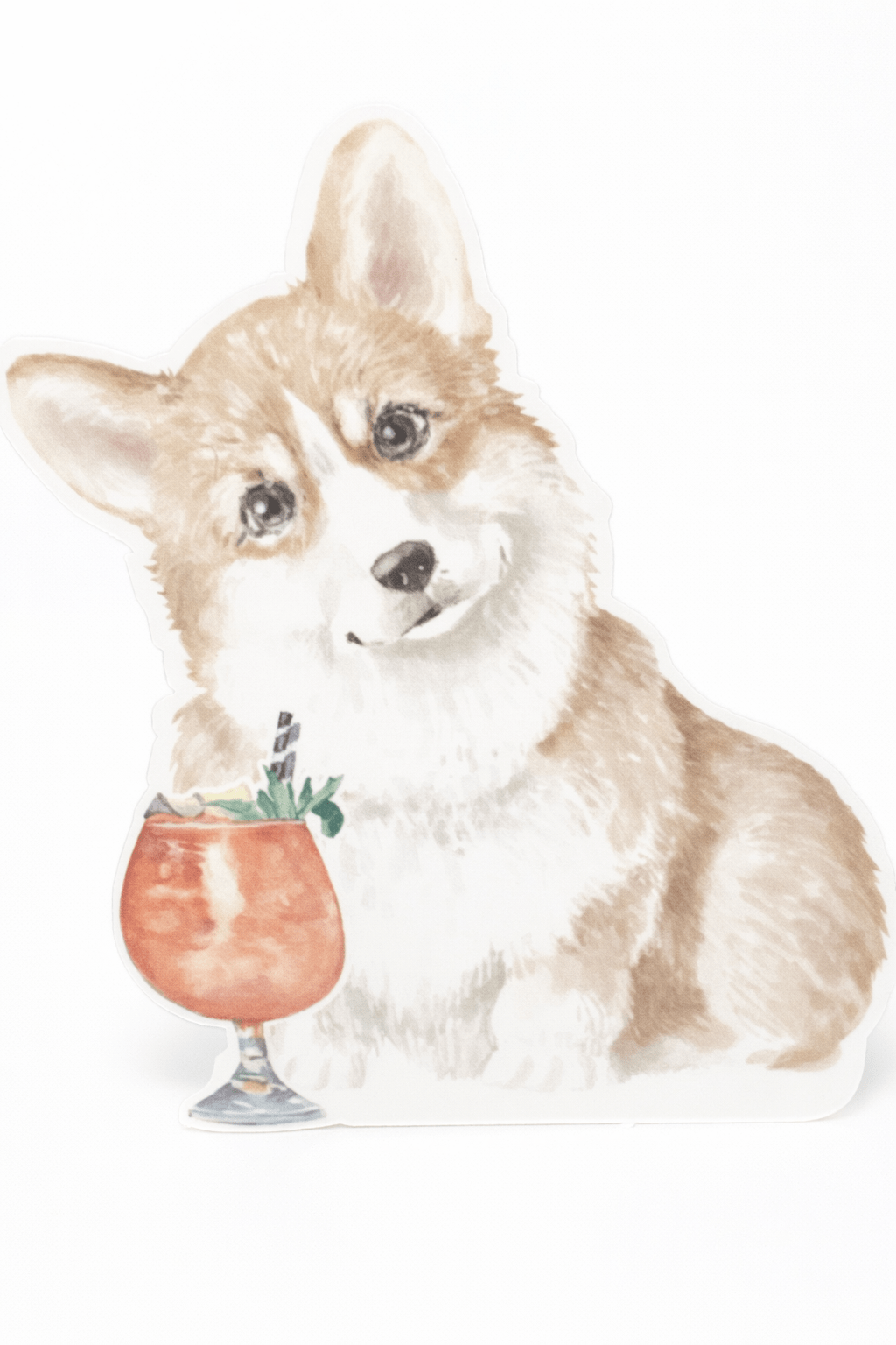 Illustration of a corgi holding a cocktail with a white background