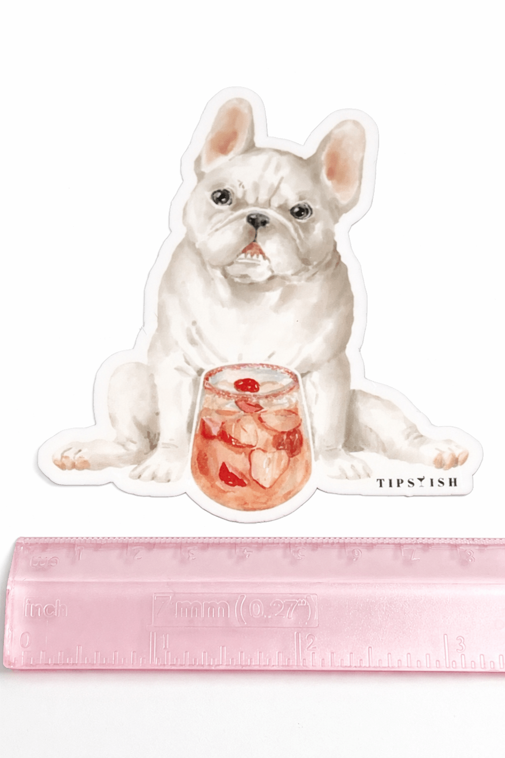 White dog with a cocktail and 'Tipsyish' text on a white background