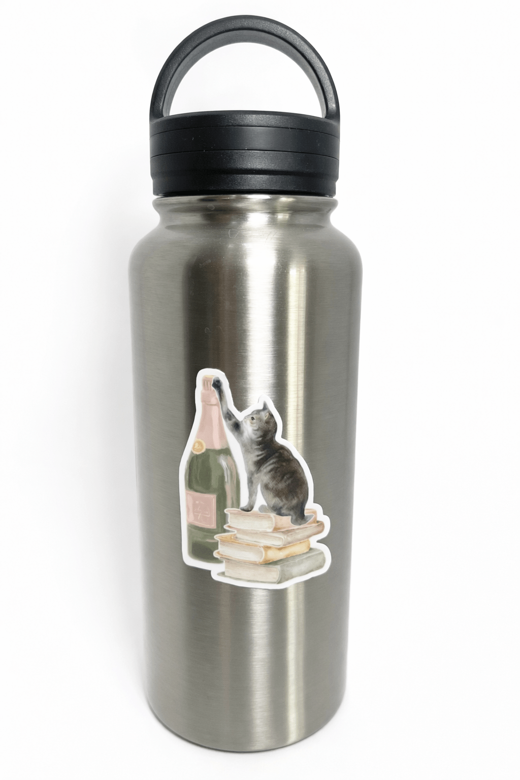 Stainless steel water bottle with a cat graphic on a white background