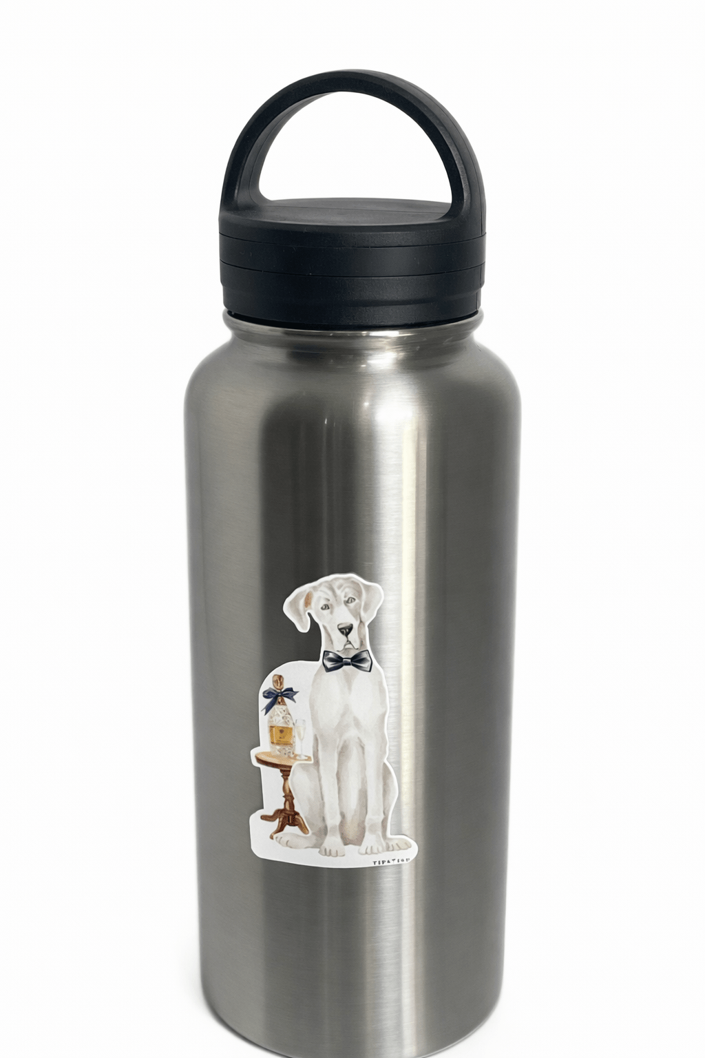 Silver water bottle with a dog illustration on a white background