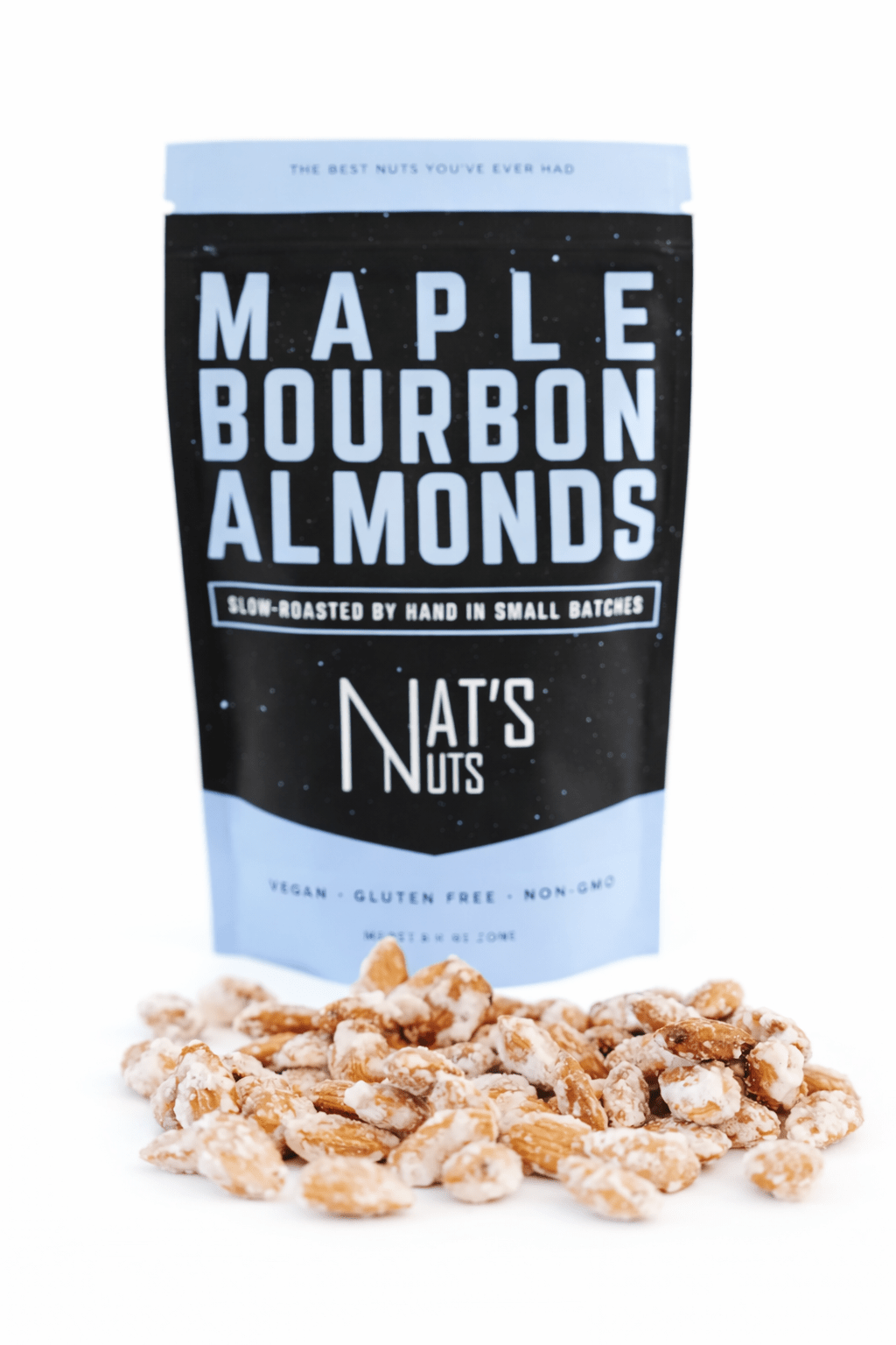 Bag of Maple Bourbon Almonds from Nat's Nuts on a white background