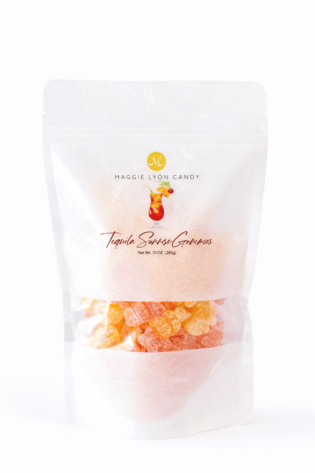 Clear bag of tequila sunrise gummy bears with visible text and branding on a white background