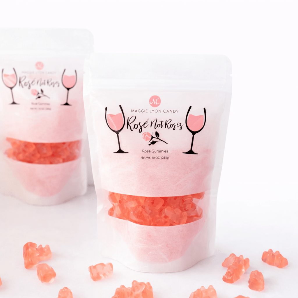 Packaging of Maggie Lyon Candy's 'Rose Not Roses' gummy bears with visible gummies on a white background.