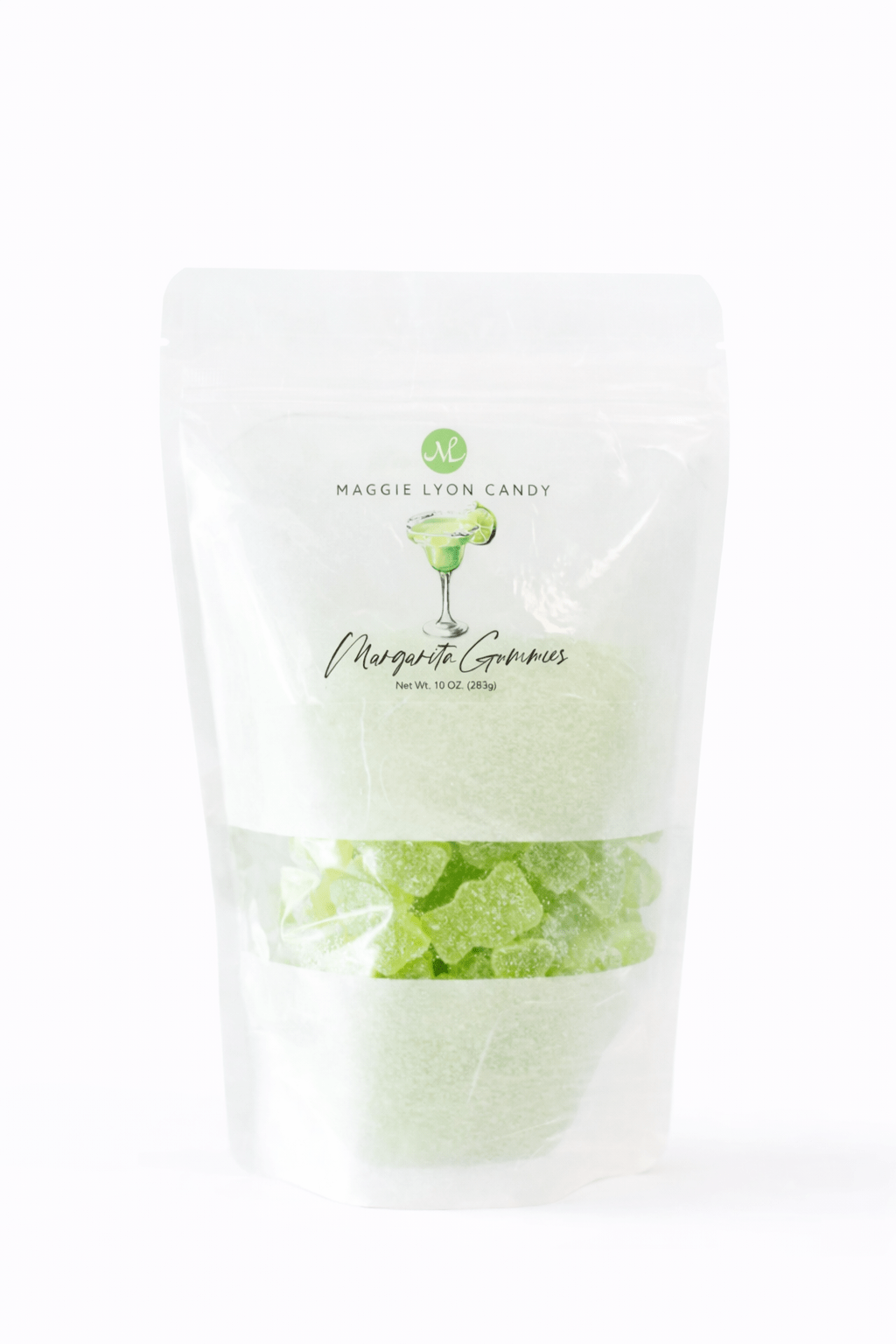 Bag of Margarita Gummies with Maggie Lyon Candy branding on a white background