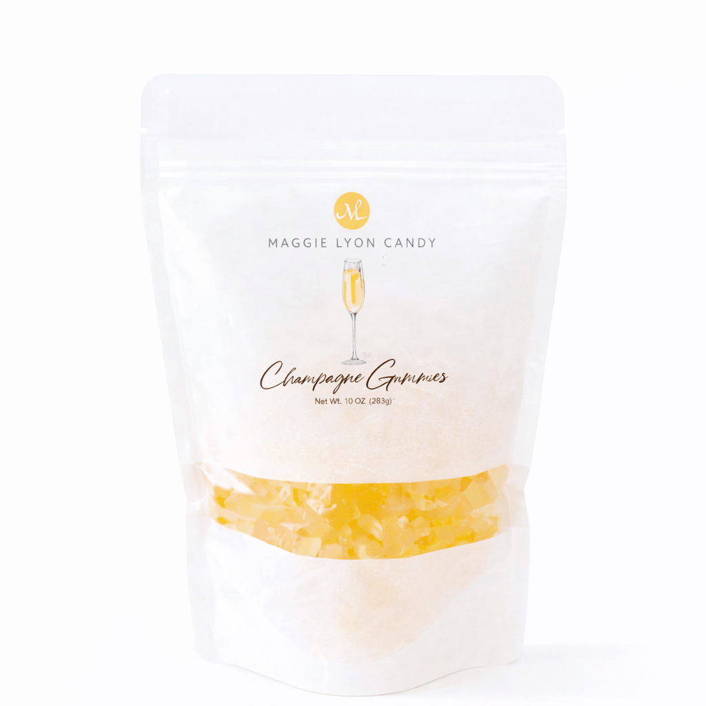 Bag of Maggie Lyon Candy Champagne Gummies on a white background