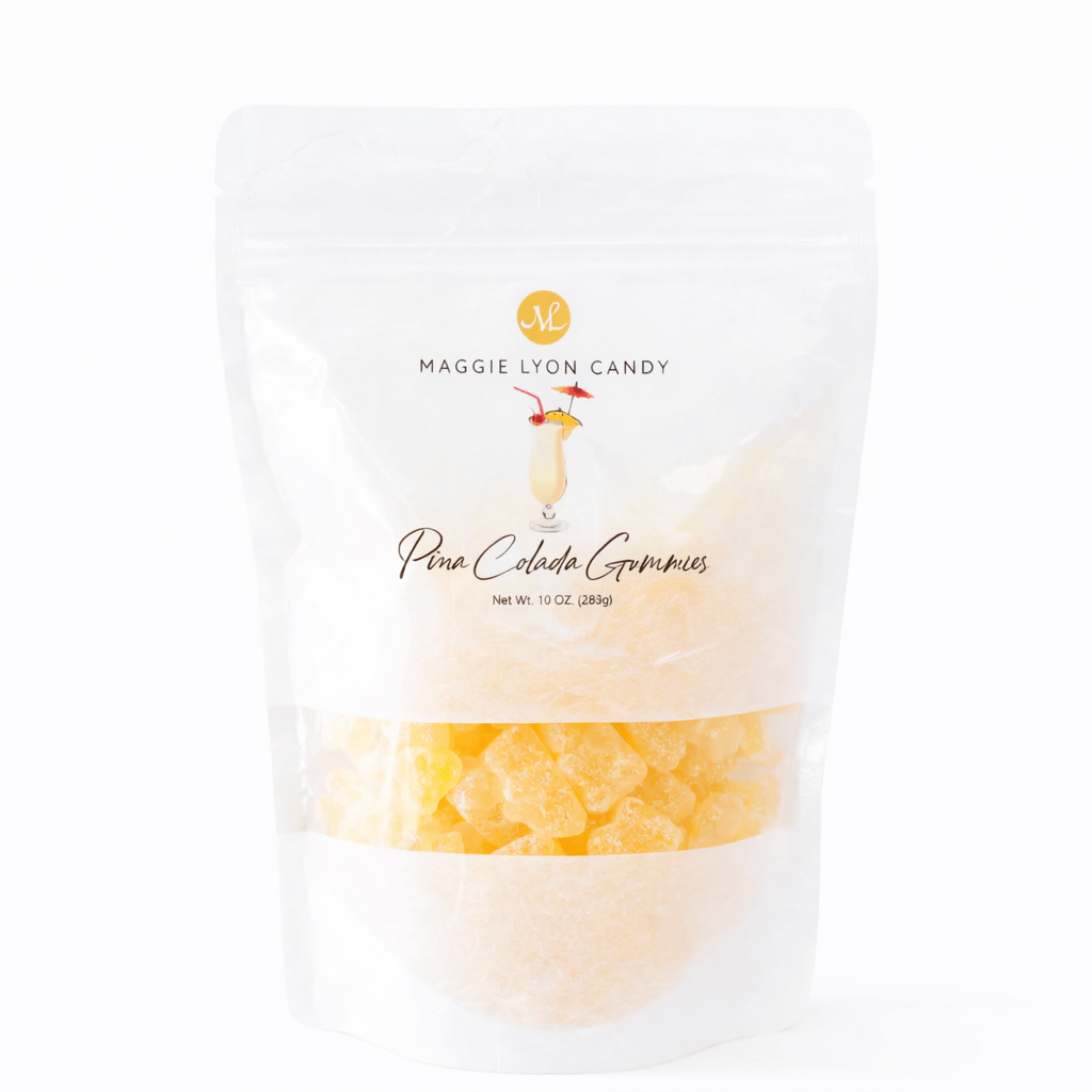 Bag of pineapple pieces with 'Maggie Lyon' branding on a white background