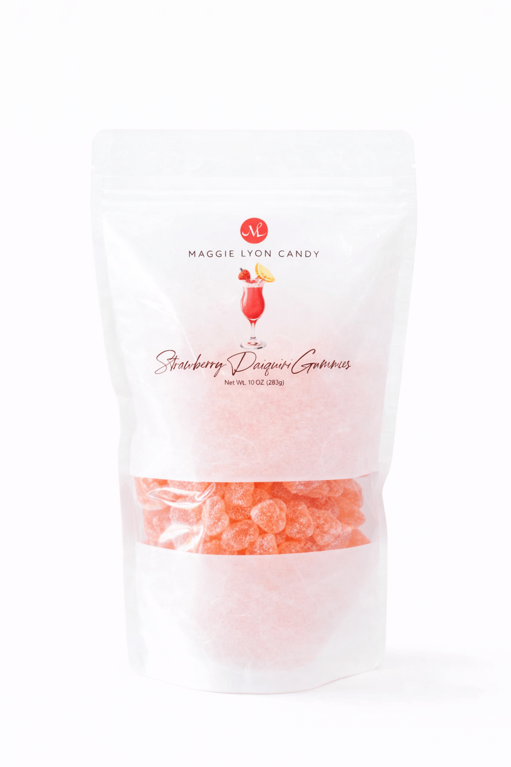 Packaged candy with strawberry daiquiri flavor on a white background