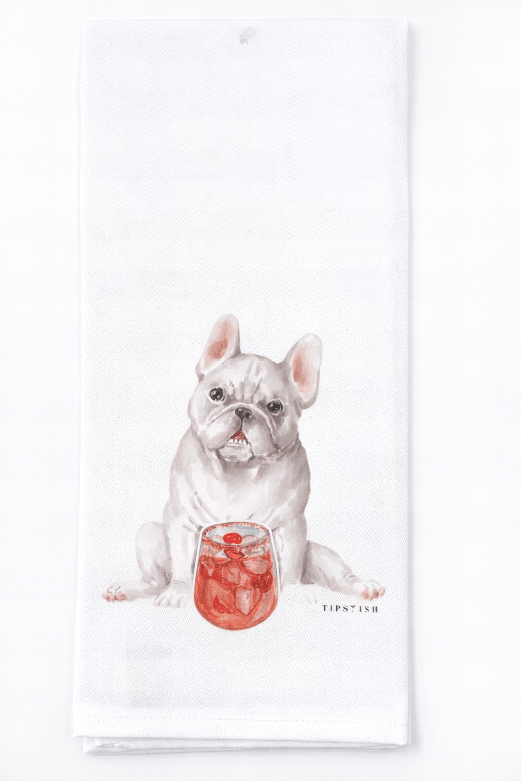 White tea towel with a French bulldog design