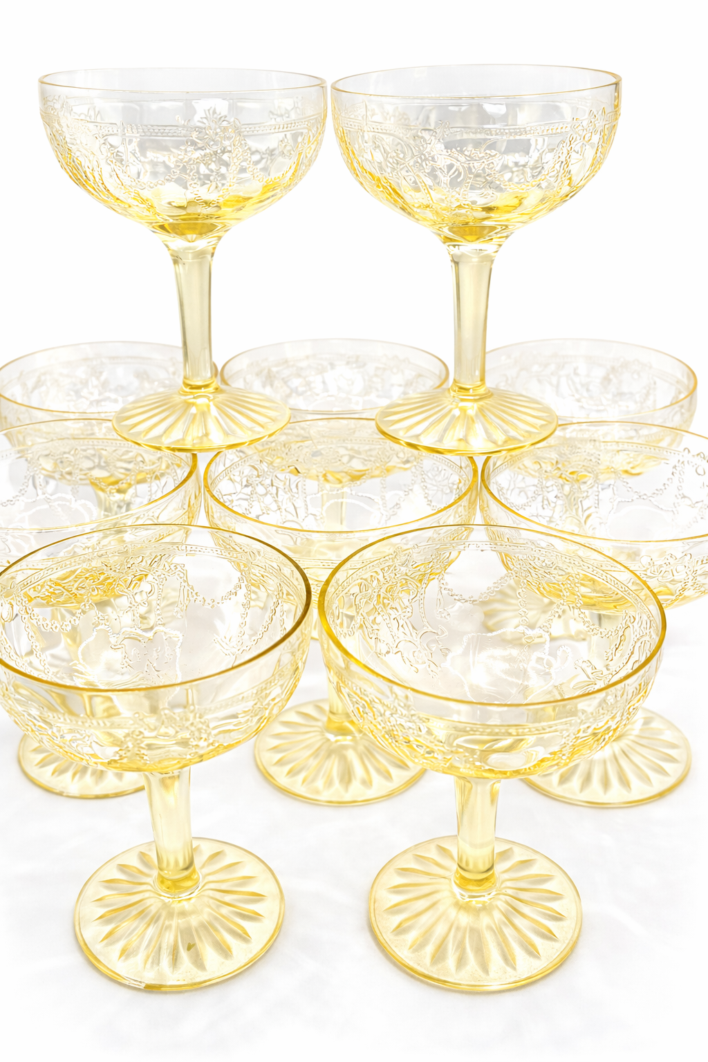 Set of 10 vintage Anchor Hocking Cameo canary yellow coupe glasses with etched floral garland design from the 1930s