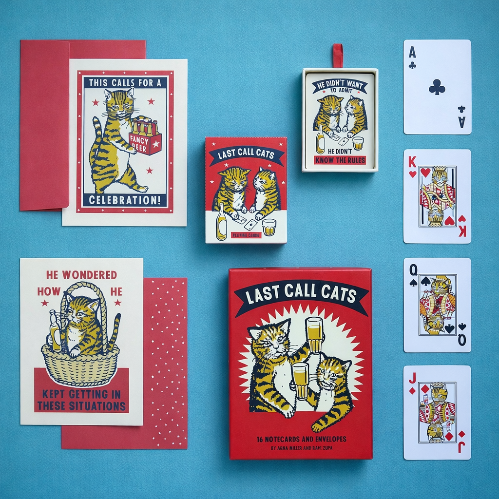 Displayable cat notecards and matching envelopes flat lay