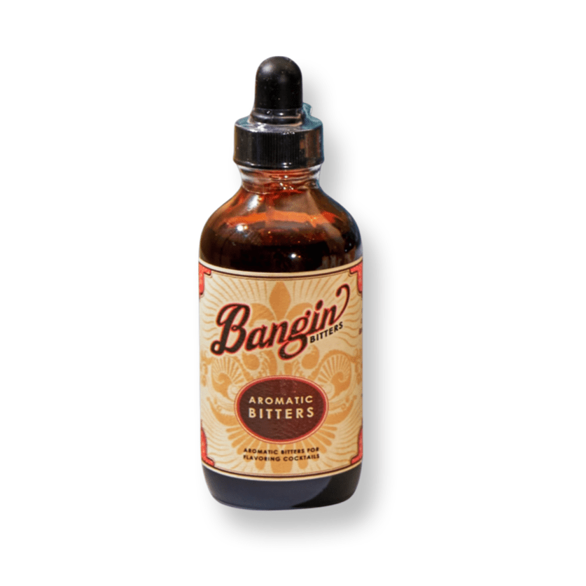 A bottle of Aromatic Cocktail Bitters by Bangin' Bitters with a dropper cap on a plain background.