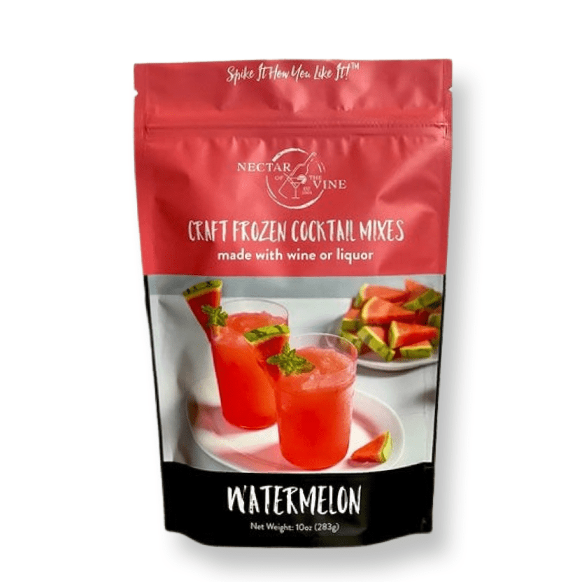 A package of Watermelon Wine Slushy Mix with an image of two glasses of slushy on the front.